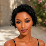 TIMOPOL Short Curly Pixie Cut Lace Front Human Hair Wigs For Women Natural Black Small Curls Short Bob Lace Frontal Wig Glueless Daily Wear Human Hair Wig