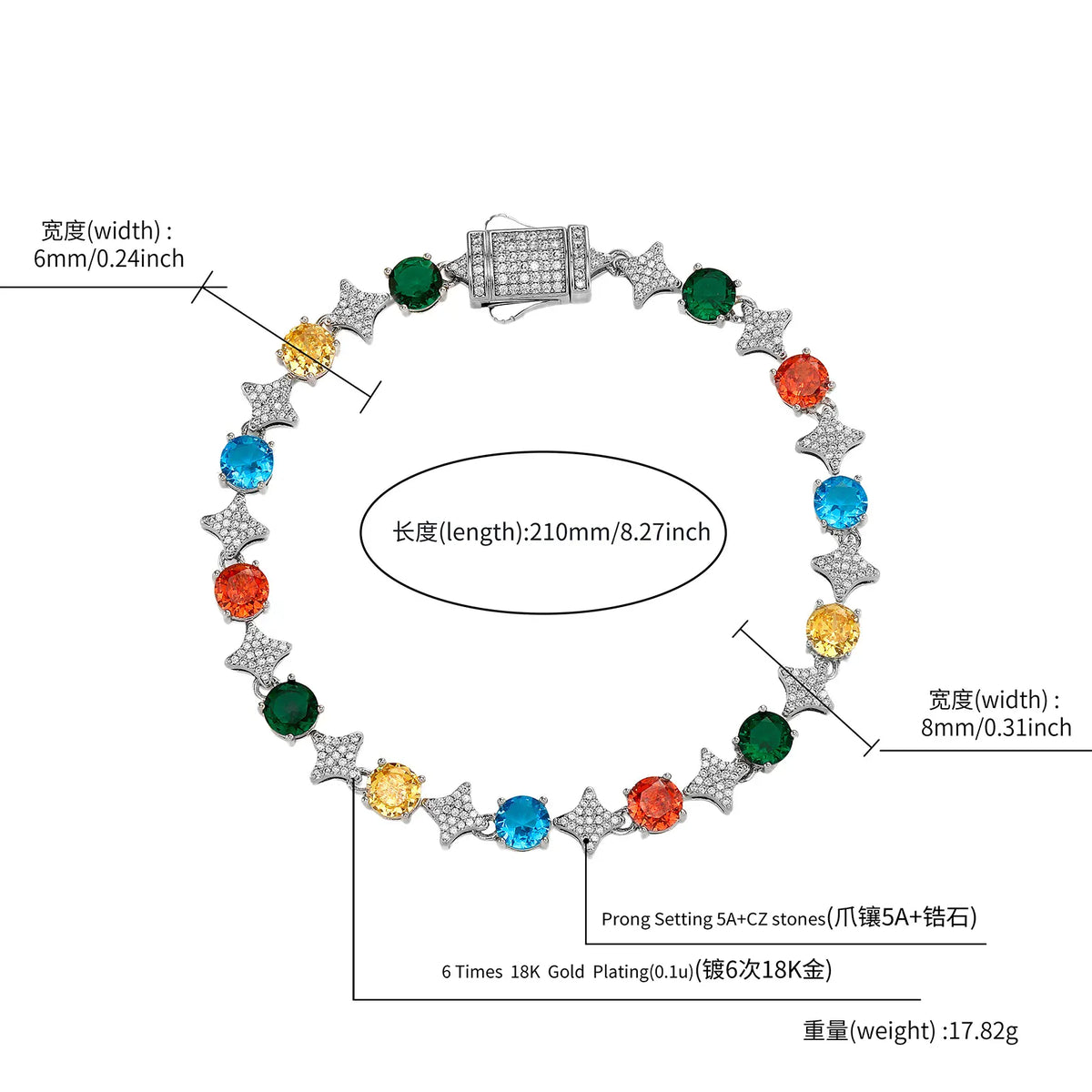 TOPGRILLZ 6MM Sparkling Star Tennis Chain Colorful Round Gemstone Design Bracelet 5A+ Cubic Zircon Luxury Jewelry For Men Women
