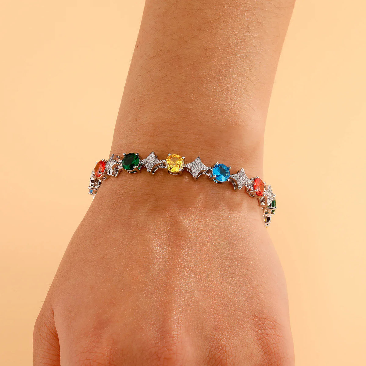 TOPGRILLZ 6MM Sparkling Star Tennis Chain Colorful Round Gemstone Design Bracelet 5A+ Cubic Zircon Luxury Jewelry For Men Women