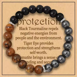 Triple protection bracelet with tiger's eye, black obsidian, and black calcite crystal stones
