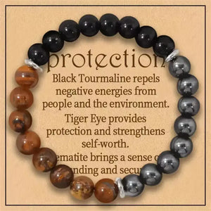 Triple Protection Bracelet – Tiger’s Eye, Black Obsidian & Black Calcite for Confidence, Grounding & Balance