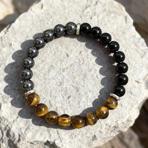 Triple Protection Bracelet – Tiger’s Eye, Black Obsidian & Black Calcite for Confidence, Grounding & Balance