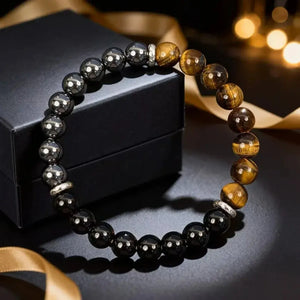 Triple Protection Bracelet – Tiger’s Eye, Black Obsidian & Black Calcite for Confidence, Grounding & Balance