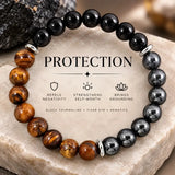 Triple protection bracelet with tiger's eye, black obsidian, and black calcite crystal stones