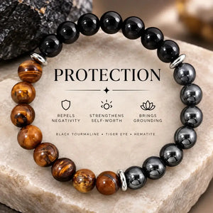 Triple Protection Bracelet – Tiger’s Eye, Black Obsidian & Black Calcite for Confidence, Grounding & Balance