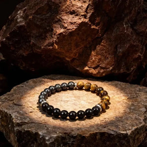 Triple Protection Bracelet – Tiger’s Eye, Black Obsidian & Black Calcite for Confidence, Grounding & Balance