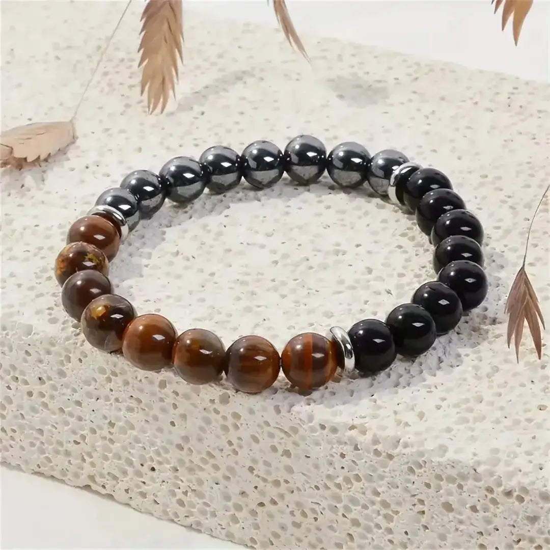 Triple protection bracelet with tiger's eye, black obsidian, and black calcite crystal stones