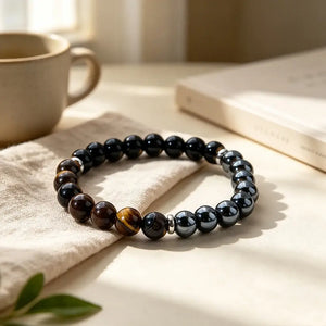 Triple Protection Gemstone Bracelet, Tiger Eye, Black Obsidian & Hematite 8mm Stretch Beads