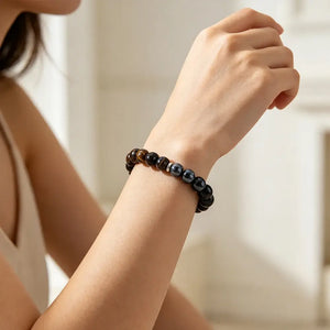 Triple Protection Gemstone Bracelet, Tiger Eye, Black Obsidian & Hematite 8mm Stretch Beads