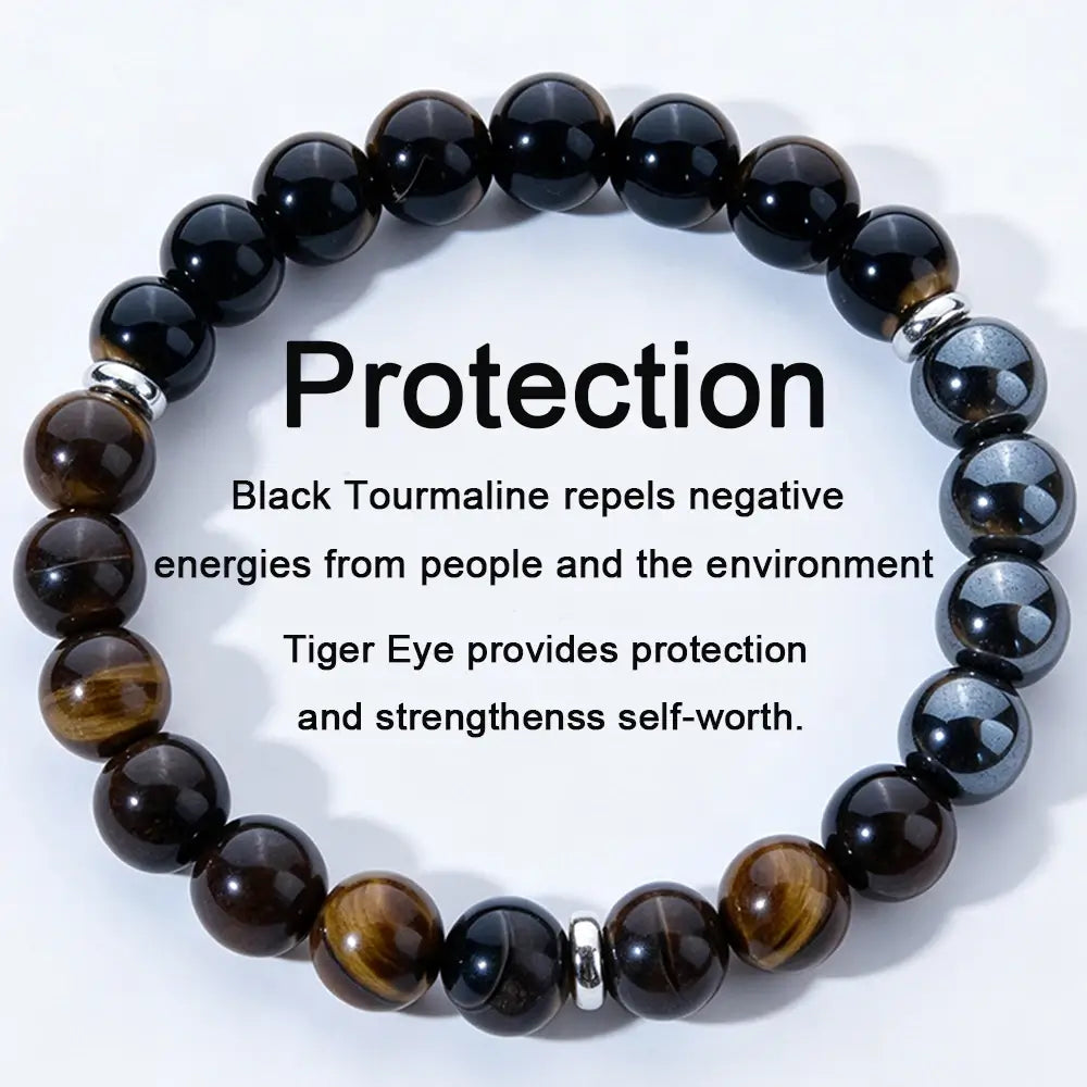 Triple Protection Gemstone Bracelet, Tiger Eye, Black Obsidian & Hematite 8mm Stretch Beads