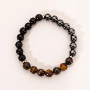Triple Protection Gemstone Bracelet, Tiger Eye, Black Obsidian & Hematite 8mm Stretch Beads