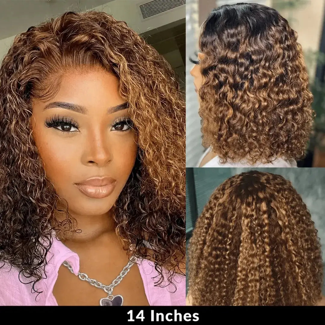 (Turano) Honey Blonde Deep Wave Bob Human Hair HD Lace Front Wig 13x4 or 5x5, 4/27 Highlight Ombre 10–16 Inch, 220-250% Density