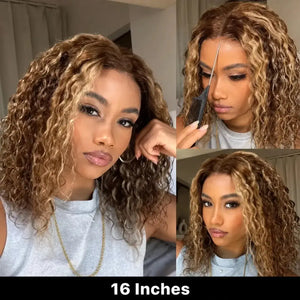(Turano) Honey Blonde Deep Wave Bob Human Hair HD Lace Front Wig 13x4 or 5x5, 4/27 Highlight Ombre 10–16 Inch, 220-250% Density