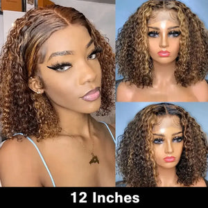 (Turano) Honey Blonde Deep Wave Bob Human Hair HD Lace Front Wig 13x4 or 5x5, 4/27 Highlight Ombre 10–16 Inch, 220-250% Density
