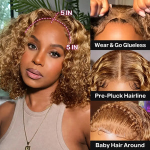 (Turano) Honey Blonde Deep Wave Bob Human Hair HD Lace Front Wig 13x4 or 5x5, 4/27 Highlight Ombre 10–16 Inch, 220-250% Density