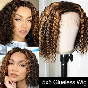 (Turano) Honey Blonde Deep Wave Bob Human Hair HD Lace Front Wig 13x4 or 5x5, 4/27 Highlight Ombre 10–16 Inch, 220-250% Density