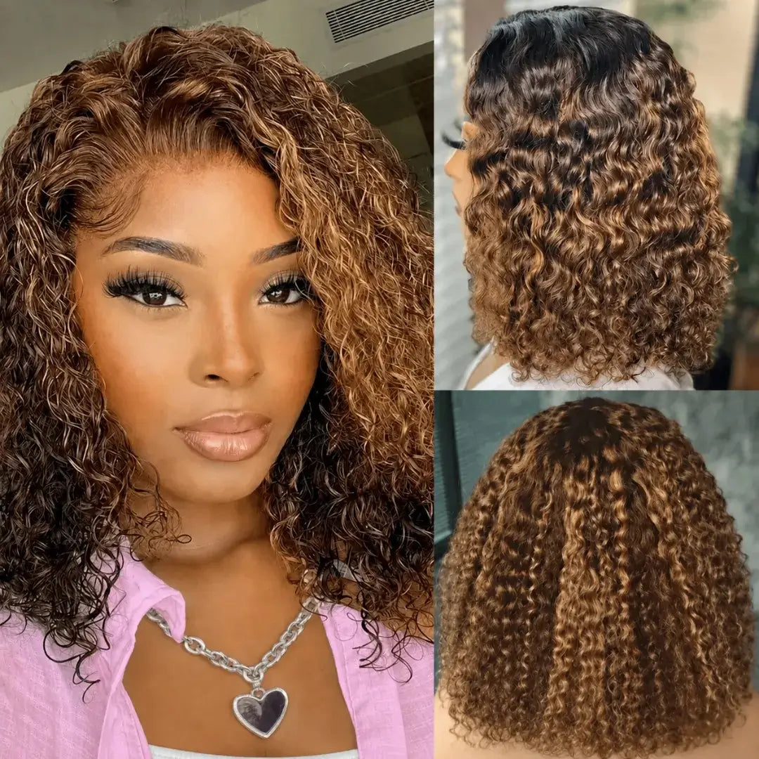 (Turano) Honey Blonde Deep Wave Bob Human Hair HD Lace Front Wig 13x4 or 5x5, 4/27 Highlight Ombre 10–16 Inch, 220-250% Density