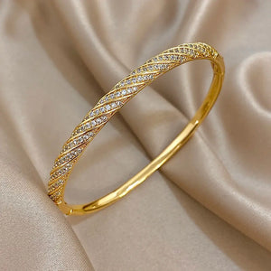 Twisted Zircon Cuff Bracelet for Women, Gold Plated Copper Micro Pave Stackable Bangle