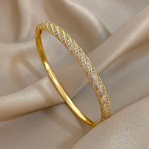 Twisted Zircon Cuff Bracelet for Women, Gold Plated Copper Micro Pave Stackable Bangle