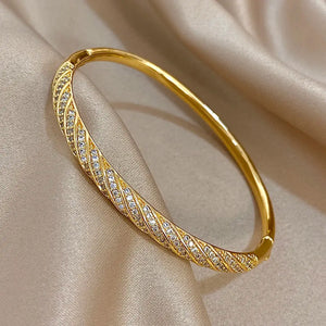 Twisted Zircon Cuff Bracelet for Women, Gold Plated Copper Micro Pave Stackable Bangle