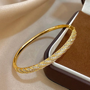 Twisted Zircon Cuff Bracelet for Women, Gold Plated Copper Micro Pave Stackable Bangle