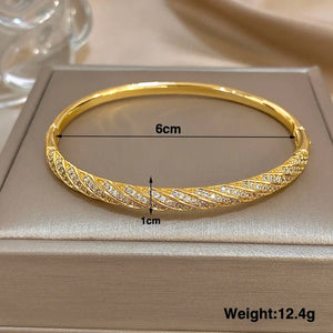Twisted Zircon Cuff Bracelet for Women, Gold Plated Copper Micro Pave Stackable Bangle