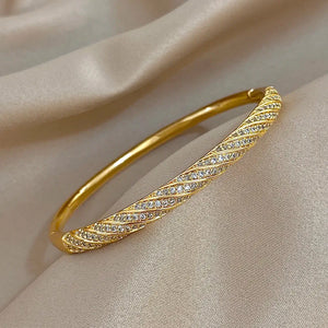 Twisted Zircon Cuff Bracelet for Women, Gold Plated Copper Micro Pave Stackable Bangle