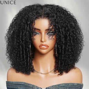 UNICE 7x5 Bye-Bye Slip Afro Kinky Curly Wig With Face-Framing Finger Coils Natural Black & Reddish Brown Human Hair Wig 180%