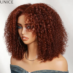 UNICE 7x5 Bye-Bye Slip Afro Kinky Curly Wig With Face-Framing Finger Coils Natural Black & Reddish Brown Human Hair Wig 180%