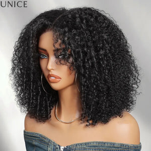 UNICE 7x5 Bye-Bye Slip Afro Kinky Curly Wig With Face-Framing Finger Coils Natural Black & Reddish Brown Human Hair Wig 180%