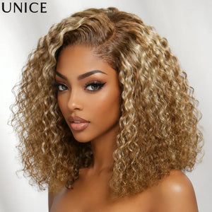 UNice 7x5 Lace Side Part Blonde Highlight Water Wave Curly Bob Wig With Drawstring 100% Human Hair Glueless Wigs 180% Density