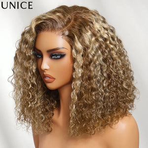 UNice 7x5 Lace Side Part Blonde Highlight Water Wave Curly Bob Wig With Drawstring 100% Human Hair Glueless Wigs 180% Density
