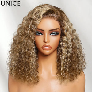 UNice 7x5 Lace Side Part Blonde Highlight Water Wave Curly Bob Wig With Drawstring 100% Human Hair Glueless Wigs 180% Density