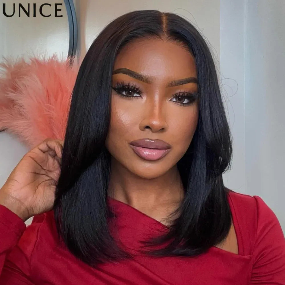 UNICE Pre Layered Light Yaki Bob Wig With Drawstring 7x5 Lace Glueless Wigs Human Hair Ready To Wear Go Short Bob Wigs for Women