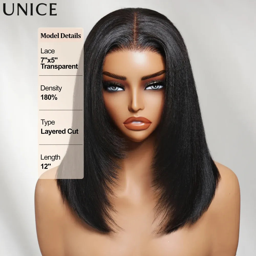 UNICE Pre Layered Light Yaki Bob Wig With Drawstring 7x5 Lace Glueless Wigs Human Hair Ready To Wear Go Short Bob Wigs for Women