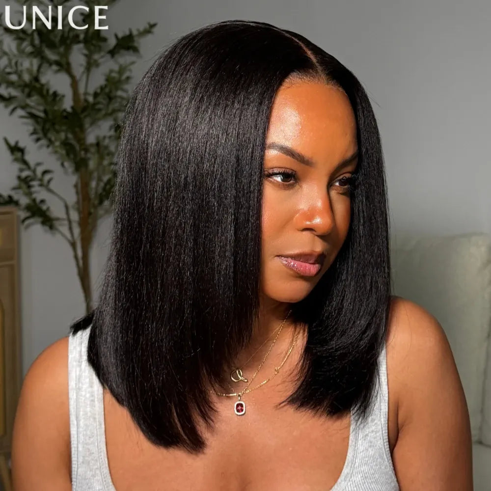 UNICE Pre Layered Light Yaki Bob Wig With Drawstring 7x5 Lace Glueless Wigs Human Hair Ready To Wear Go Short Bob Wigs for Women