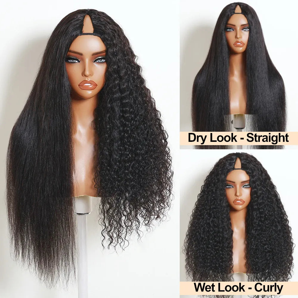 UNice Wet & Wavy  V Part Wig With Drawstring 2 in1 Straight to Curly Human Hair Wig Beginner Frienly No Leave Out 150% Density