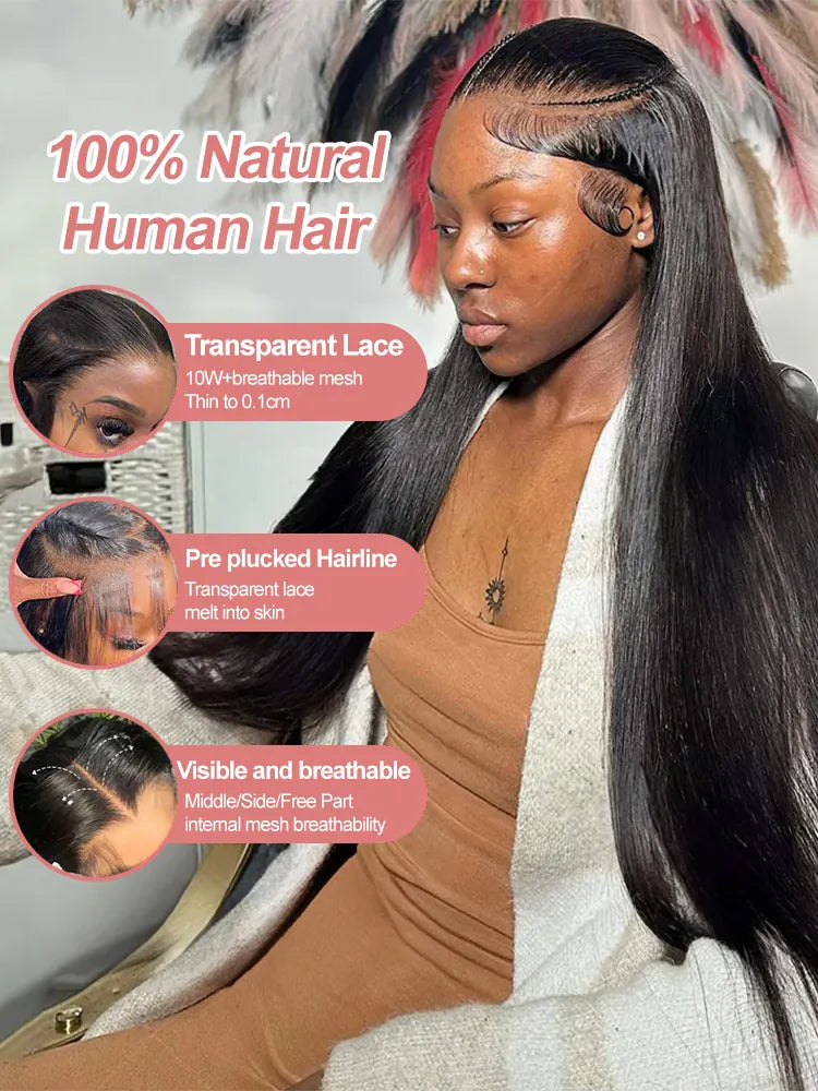 Virgin Burmese Hair Wigs For Women Transparent Remy 250% Density 13x6 Bone Straight Lace Front Wig Human Hair 36 40 Inch HD 13x4 Frontal Wig Glueless 5x5 Closure Wigs Ready To Wear And Go