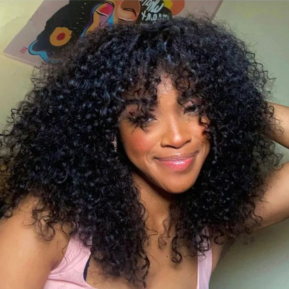 Water Curly Human Hair Wigs With Bangs For Women Full Machine Made 30 Inches Deep Wave Fringe Wig Glueless Wigs Natual Black