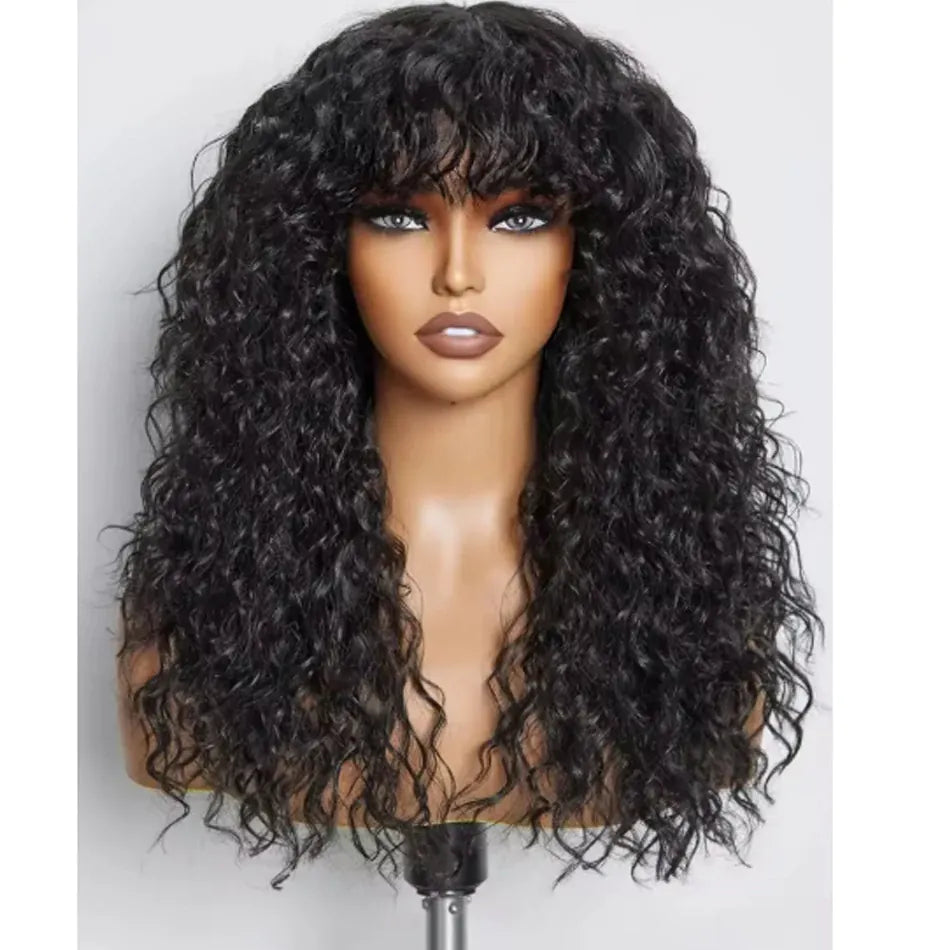 Water Curly Human Hair Wigs With Bangs For Women Full Machine Made 30 Inches Deep Wave Fringe Wig Glueless Wigs Natual Black