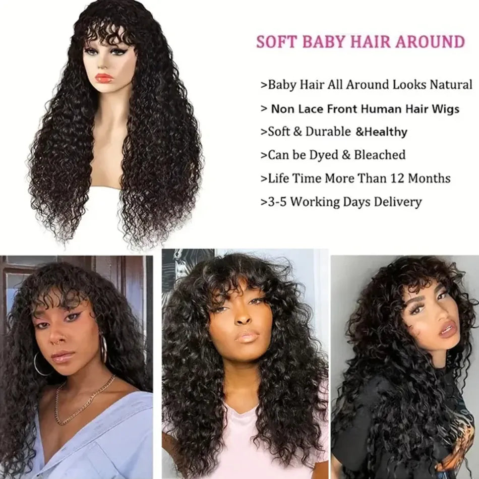 Water Curly Human Hair Wigs With Bangs For Women Full Machine Made 30 Inches Deep Wave Fringe Wig Glueless Wigs Natual Black