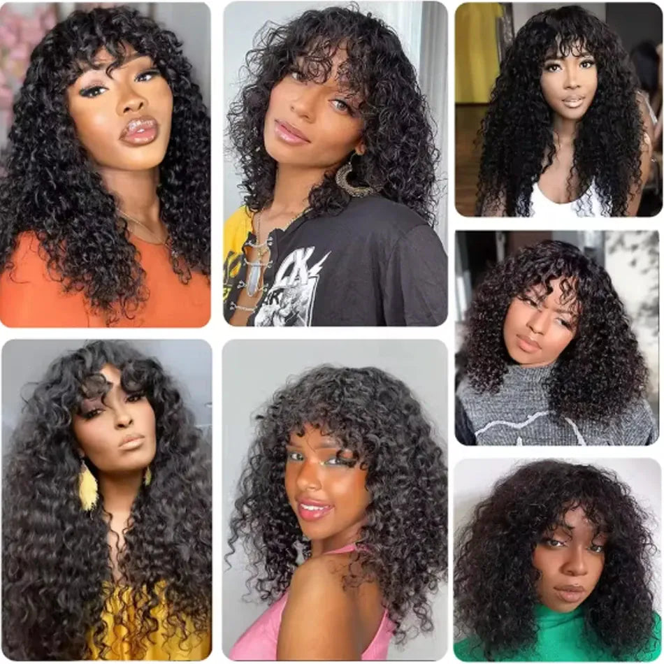 Water Curly Human Hair Wigs With Bangs For Women Full Machine Made 30 Inches Deep Wave Fringe Wig Glueless Wigs Natual Black