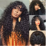 Water Curly Human Hair Wigs With Bangs For Women Full Machine Made 30 Inches Deep Wave Fringe Wig Glueless Wigs Natual Black