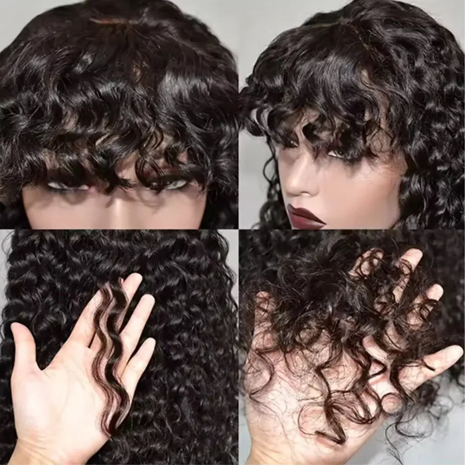 Water Curly Human Hair Wigs With Bangs For Women Full Machine Made 30 Inches Deep Wave Fringe Wig Glueless Wigs Natual Black
