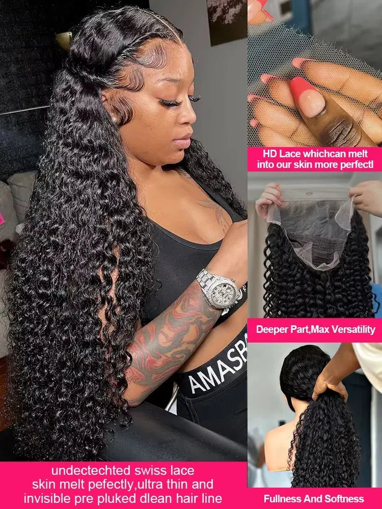 Water Wave Curly 100% Human Hair Brazilian 13x4 13x6 Lace Front Wig 250 Density Deep Wave 360 Full Lace Front Wigs Black