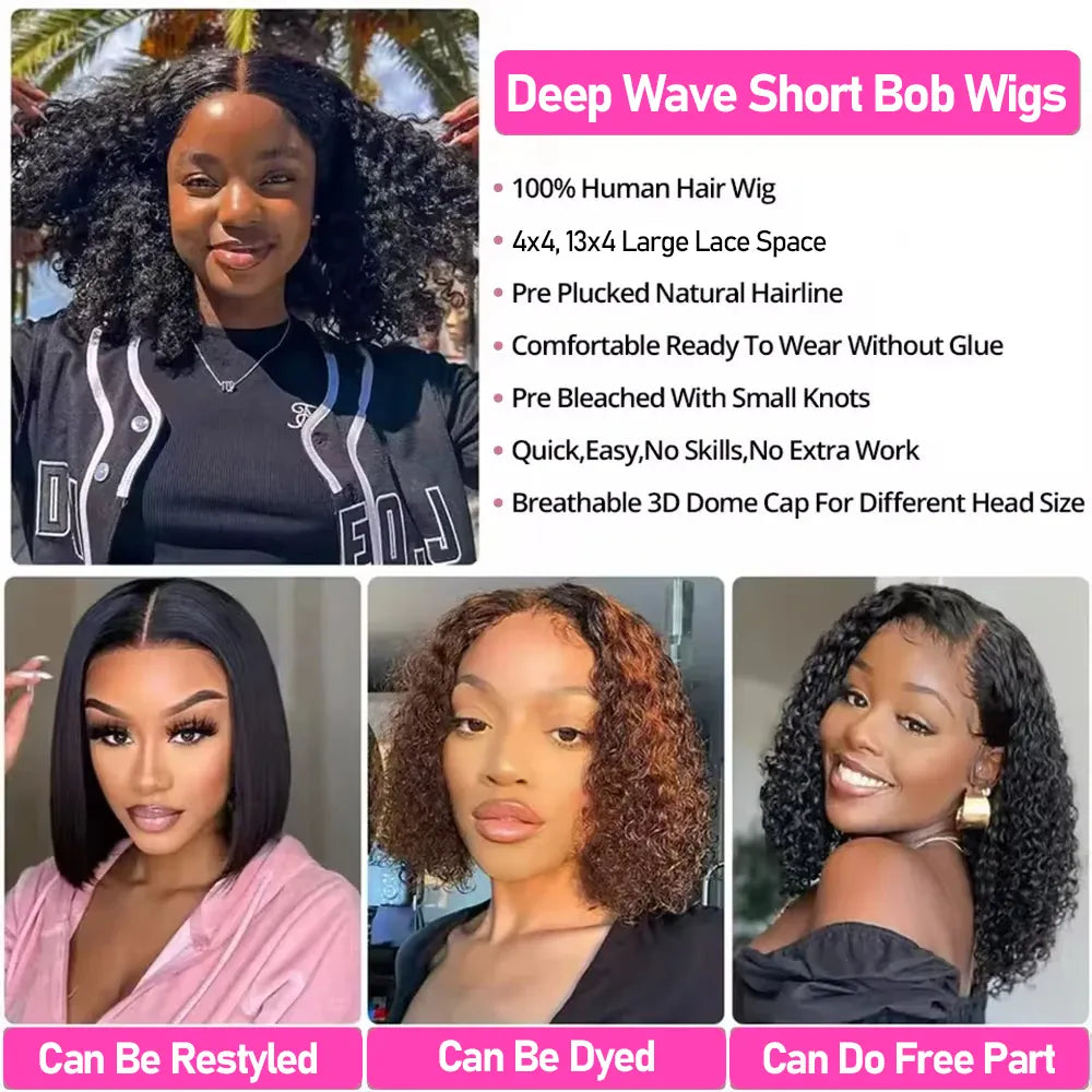 Water Wave Bob Human Hair Wig 13x4 HD Transparent Lace Front or 4x4 Closure 250% Density Pre-Plucked