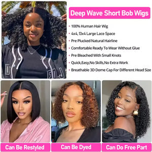 Water Wave Short Bob Wig Human Hair Curly 13x4 HD Transparent Lace Front Human Hair Wigs Loose Deep Wave Short Human Hair Wigs 250 Density Bob Wigs 4x4 Preplucked Lace Frontal Wigs For Woman