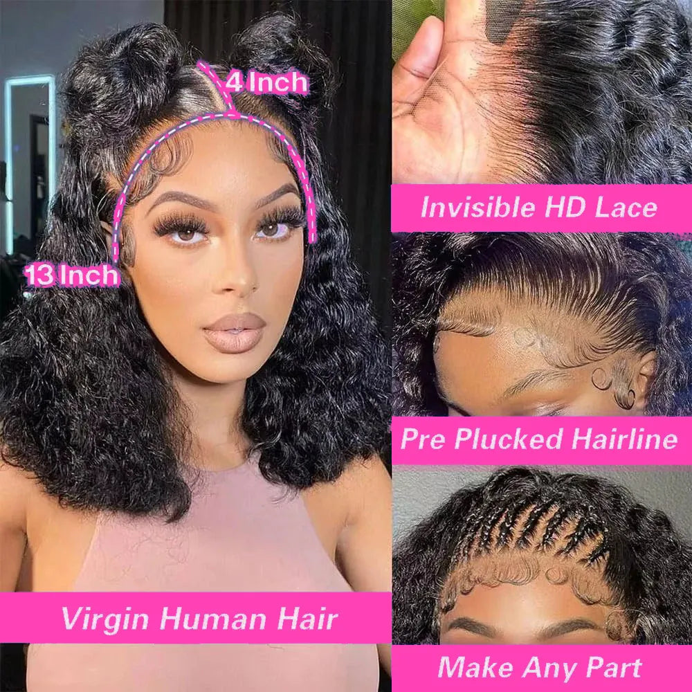 Water Wave Bob Human Hair Wig 13x4 HD Transparent Lace Front or 4x4 Closure 250% Density Pre-Plucked