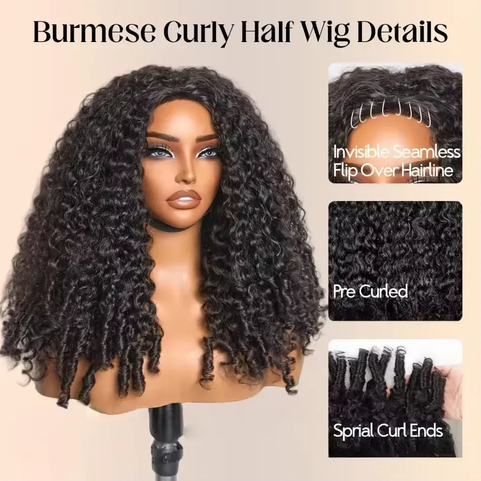 Wear and Go Burmese Curly Human Hair Wig 3 IN 1 Half Wigs With Drawstring Clip Ins Flip Over Glueless Deep Curly Half Head Wigs