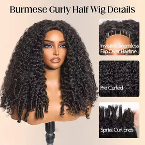 Wear and Go Burmese Curly Human Hair Wig 3 IN 1 Half Wigs With Drawstring Clip Ins Flip Over Glueless Deep Curly Half Head Wigs